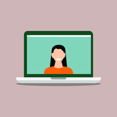 Color illustration of man in laptop, quarantined, working from home, on green background, vector illustration