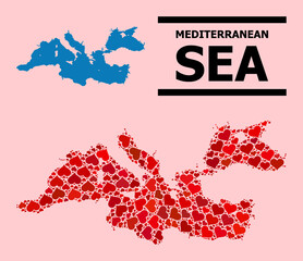 Obraz premium Love collage and solid map of Mediterranean Sea on a pink background. Collage map of Mediterranean Sea is designed with red lovely hearts. Vector flat illustration for marriage abstract illustrations.