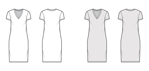 T-shirt dress technical fashion illustration with V-neck, short sleeves, knee length, oversized body, Pencil fullness. Flat apparel template front, back, white, grey color. Women men unisex CAD mockup