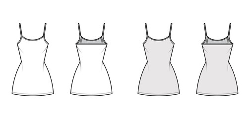 Camisole dress technical fashion illustration with scoop neck, straps, mini length, fitted body, Pencil fullness. Flat apparel template front, back, white, grey color. Women, men, unisex CAD mockup