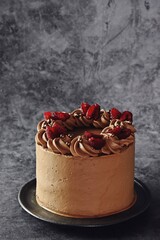 Chocolate cake with raspberry on the dark background