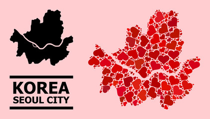 Love mosaic and solid map of Seoul Municipality on a pink background. Mosaic map of Seoul Municipality is composed with red love hearts. Vector flat illustration for love concept illustrations.