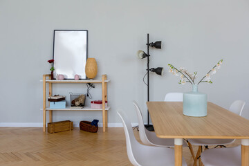 The interior design of the studio apartment in Scandinavian style. A spacious huge room in light colors. stylish expensive luxury furniture.