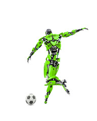 master cyber robot is kicking the football ball rear view