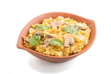 Lentils porridge with champignons. and coriander in a clay bowl isolated on white background. Side view.