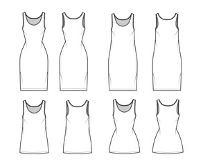 Tank dress technical fashion illustration with scoop neck, straps, knee, mini length, oversized, fitted body, Pencil fullness. Flat apparel template front, back, white color. Women, unisex CAD mockup