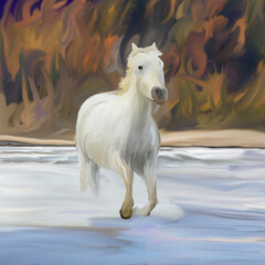 Naklejka na ściany i meble digital painting of a white horse crossing a river with water