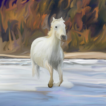 digital painting of a white horse crossing a river with water