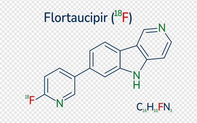 Flortaucipir 18 F skeletal formula vector illustration. Molecular structure radioactive diagnostic agent. Can use for tau pathology, Alzheimer's disease, health, medical, and scientific designs.