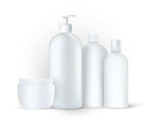 Moisturizer, cream, soups, foams, shampoo mockups. Realistic plastic cosmetic bottles mockups. Skin care cream jar with no lid.