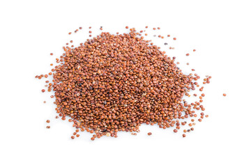 Pile of raw red quinoa isolated on white background. Side view, close up.