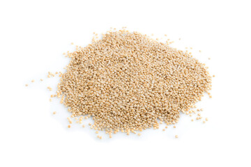 Pile of raw white quinoa isolated on white background. Side view, close up.