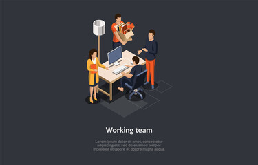 Working Team Conceptual Illustration. Isometric Vector Composition In Cartoon 3D Style. Dark Background And Text. Group Of People Standing And Sitting, Office Atmosphere. Business Staff Colleagues