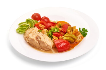 Chicken and vegetables stir fry, wok food, isolated on white background