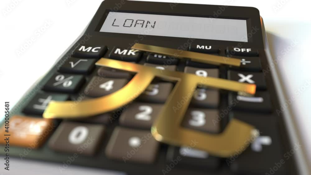 Poster loan text on calculator display and renminbi currency symbol. conceptual 3d animation