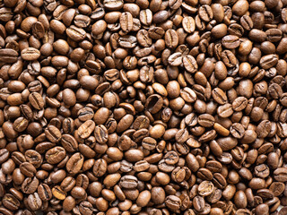 Roasted coffee beans. Flat lay, top view.