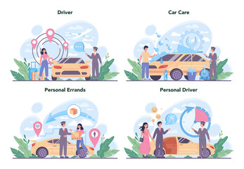Naklejka premium Drive service concept set. Automobile cab with driver inside. Personal driver