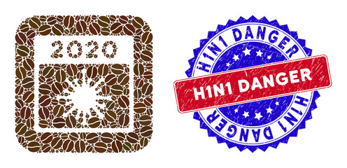 Vector mosaic 2020 covid calendar day and grunge bicolor H1N1 Danger seal stamp. Mosaic 2020 covid calendar day constructed as carved shape from rounded square of coffee beans.