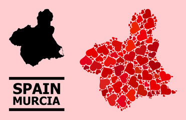 Love mosaic and solid map of Murcia Province on a pink background. Mosaic map of Murcia Province is created with red lovely hearts. Vector flat illustration for marriage conceptual illustrations.