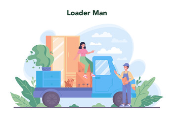 Loader concept. Worker in uniform carrying boxes set.