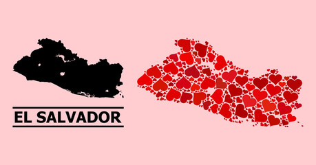 Obraz premium Love mosaic and solid map of El Salvador on a pink background. Mosaic map of El Salvador created from red lovely hearts. Vector flat illustration for love concept illustrations.