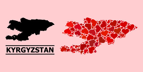 Love mosaic and solid map of Kyrgyzstan on a pink background. Mosaic map of Kyrgyzstan designed with red lovely hearts. Vector flat illustration for love concept illustrations.