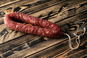 homemade pork sausage on the wooden background