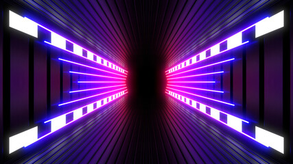 Sci Fy neon lamps in a dark tunnel. Reflections on the floor and walls. 3d rendering image.