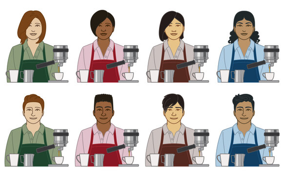 Diversity, Race, Ethnicity Of Barista Server Vector Icons, Male And Female, Wearing Apron, With Coffee Cups And Espresso Maker Isolated On A White Background