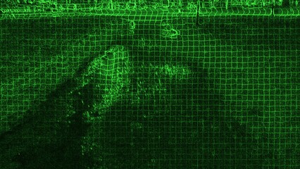 Abstract objects in a square black-green matrix.
Several objects of various shapes and volumes at the intersections of a square green-black matrix. Matrix hides the true meaning of objects