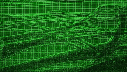 Crossing tire tracks on freshly fallen snow on the asphalt. An abstract pattern on the pavement that created a thin layer of snow and varied tire tracks. all in a black-green square matrix.