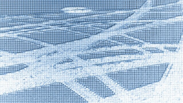 Crossing tire tracks on freshly fallen snow on the asphalt. An abstract pattern on the pavement that created a thin layer of snow and varied tire tracks. all in a white-blue square matrix.