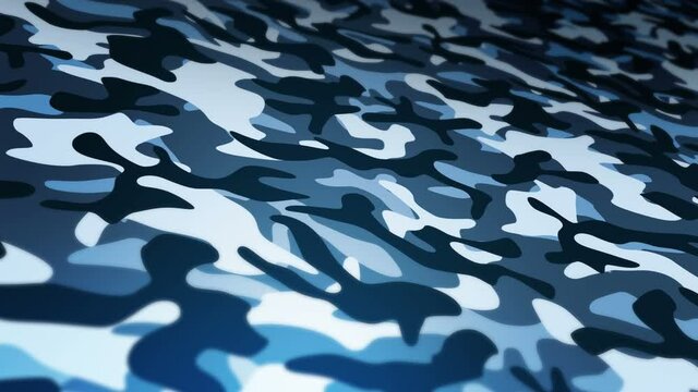 Blue camouflage pattern background. Military uniform concept. Abstract line and wave texture. Loop animation.