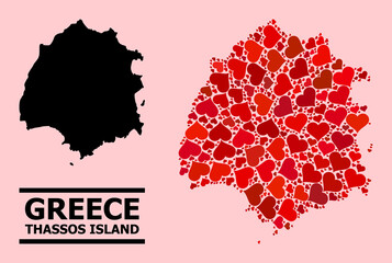 Love mosaic and solid map of Thassos Island on a pink background. Mosaic map of Thassos Island formed with red love hearts. Vector flat illustration for dating abstract illustrations.