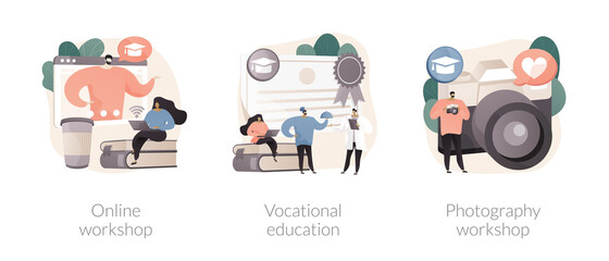 Professional learning abstract concept vector illustration set. Online workshop, vocational education, photography post processing and portfolio creation, student group, college abstract metaphor.