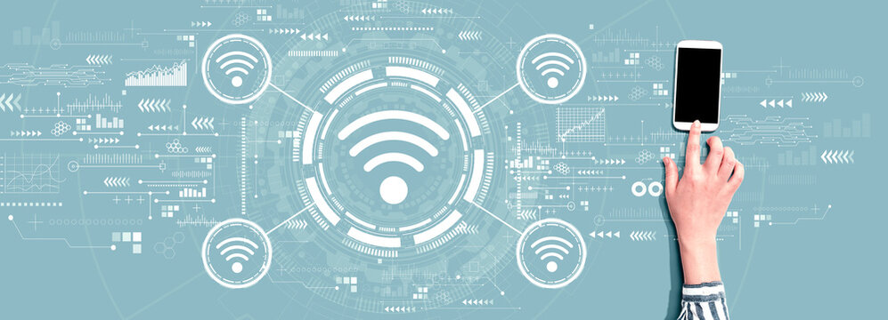 Wifi theme with person using a smartphone