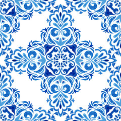 Abstract blue and white hand drawn damask tile seamless ornamental retro watercolor paint pattern. Portuguese ceramic tiles inspired. Floral cross