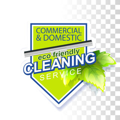 Eco Friendly Cleaning Service Logo Concept. Vector Color Template With Squeegee And Green Leaves On Transparent Background