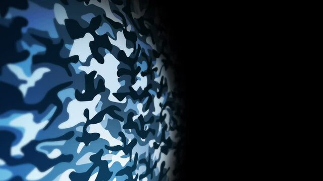 Blue camouflage pattern background. Military uniform concept. Abstract line and wave texture. Loop animation.