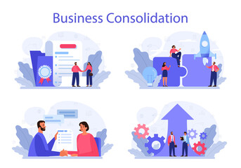 Business consolidation concept set. Office characters working together