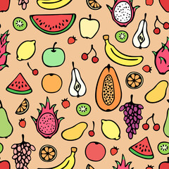 Vector seamless pattern of hand drawn colored fruits: pear, papaya, dragon fruit, banana, grape, watermelon, lemon, kiwi, mango, apple, cherry.