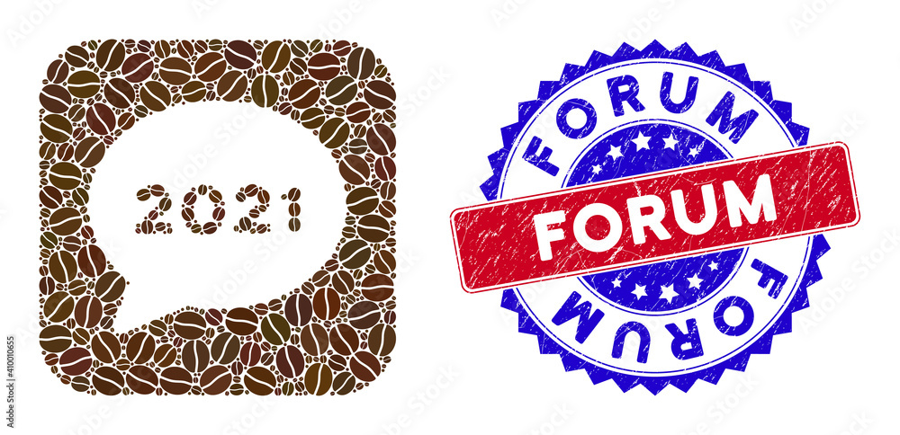 Poster vector collage 2021 forum message and grunge bicolor forum seal. mosaic 2021 forum message created a