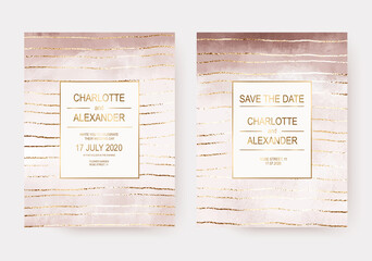 Naklejka premium Blush watercolor wedding invitation cards with gold horizontal stripes.