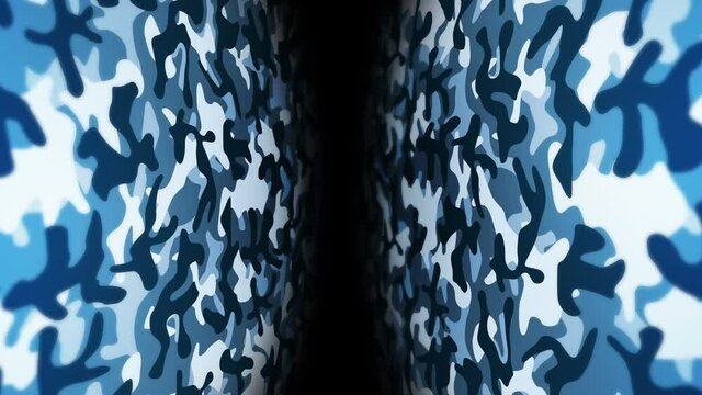 Blue camouflage pattern background. Military uniform concept. Abstract line and wave texture. Loop animation.