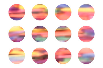 Set of bright orange, coral and blue gradient round shapes backgrounds. Holographic vibrant colors circles templates for software, ui design, web, apps wallpaper, banner