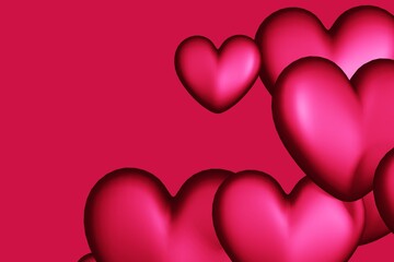 Pink volumetric hearts on pink background. 3d rendered illustration. Copy space