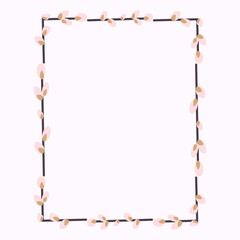  Rectangular Easter frame with willow twigs.Vector flat illustration isolated on a white background. Design for invitations, postcards, printing.