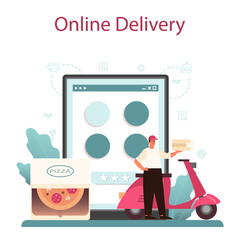 Pizzeria online service or platform. Chef cooking tasty delicious