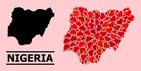 Obraz premium Love mosaic and solid map of Nigeria on a pink background. Mosaic map of Nigeria is designed with red love hearts. Vector flat illustration for marriage concept illustrations.