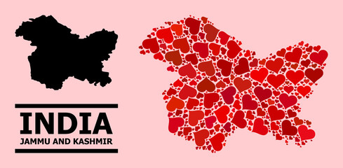 Love collage and solid map of Jammu and Kashmir State on a pink background. Mosaic map of Jammu and Kashmir State designed with red love hearts.